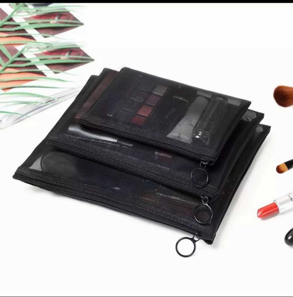 3 Pcs Makeup Pouch Set – Net Material Cosmetic Organizer Bags For Travel & Daily Use